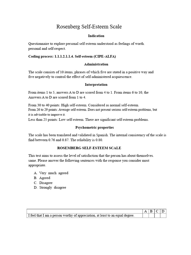 Rosenberg Self-Esteem Scale | PDF
