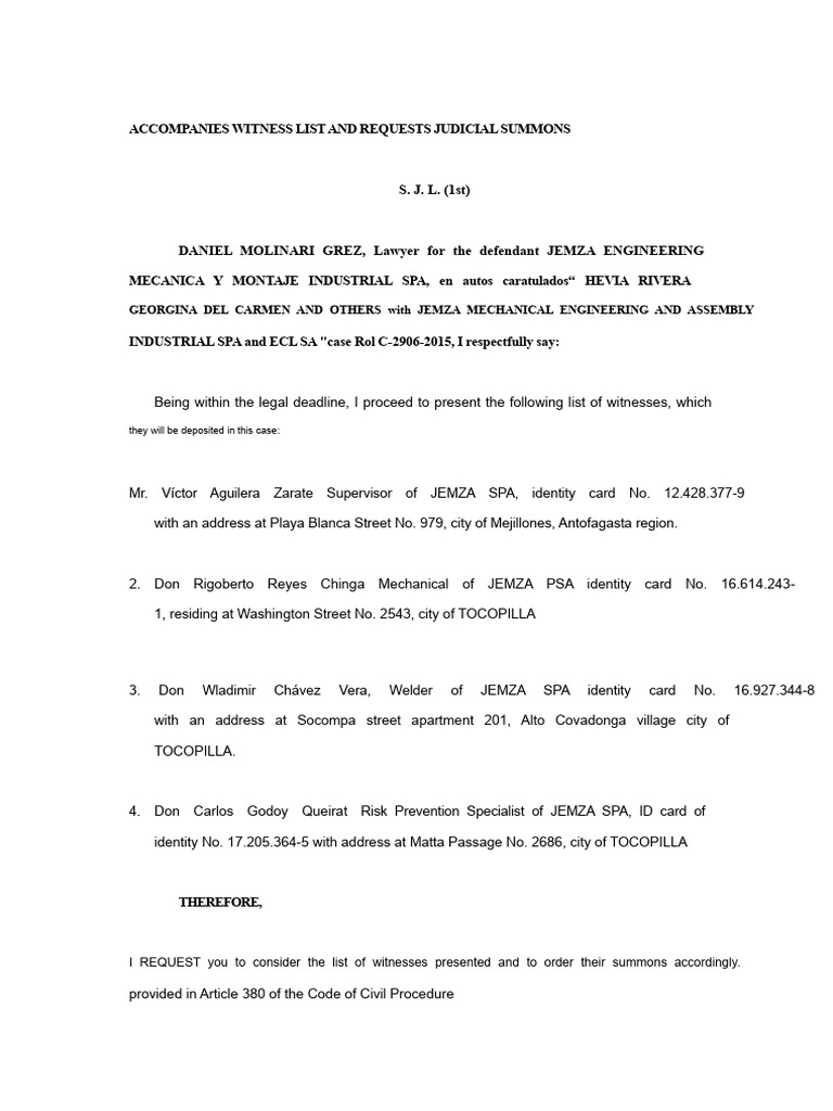 Witness List and Judicial Summons Request | PDF