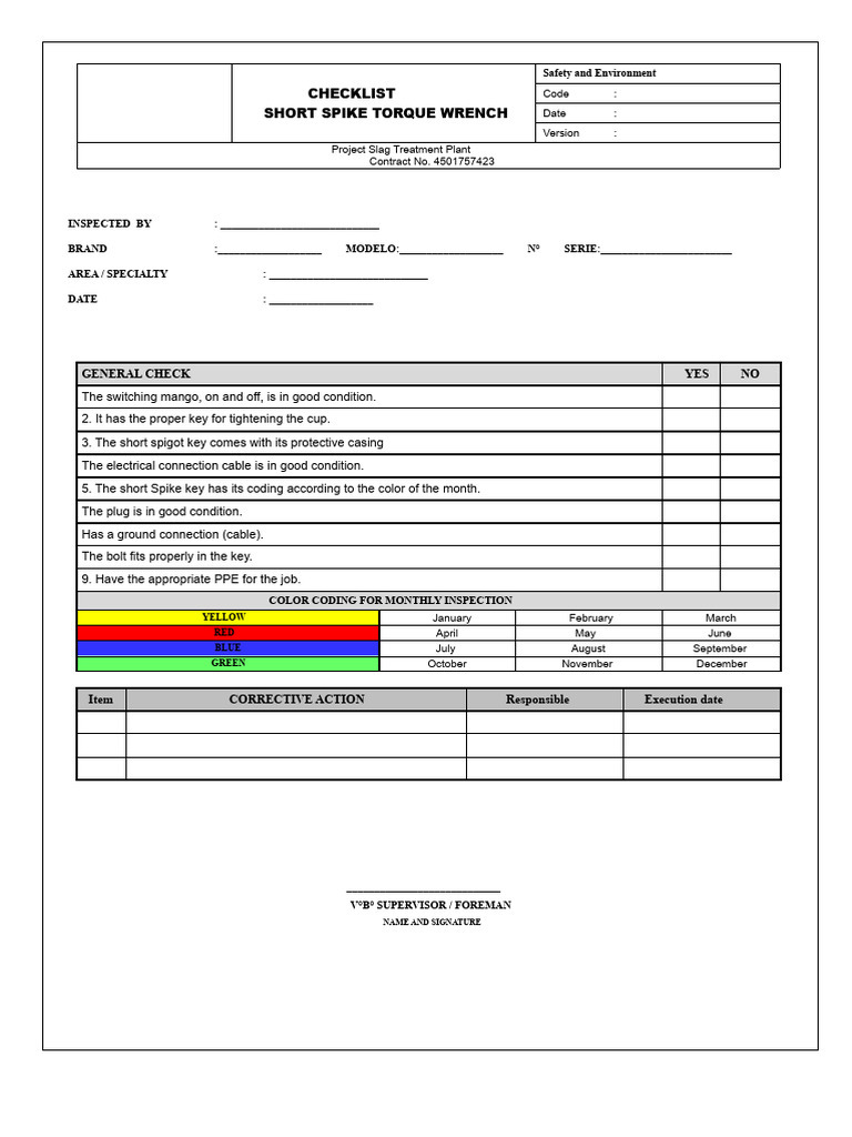 Short Spike Torque Wrench Safety Checklist | PDF