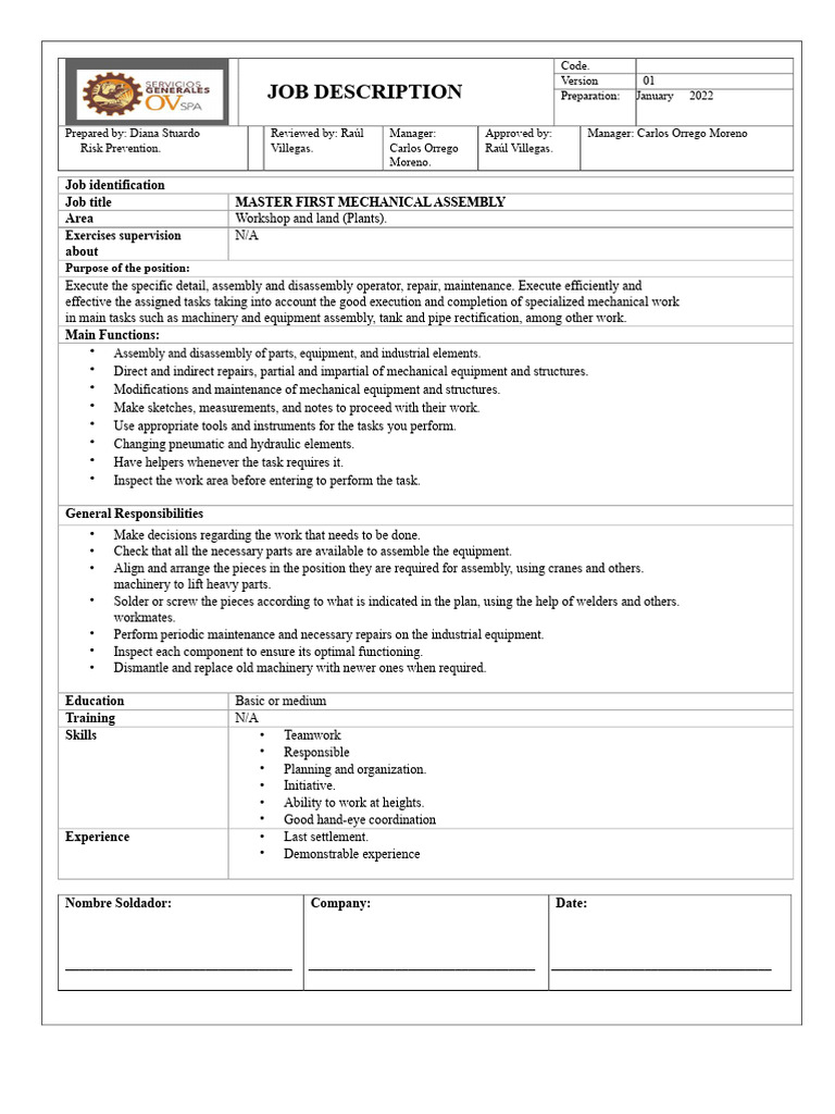 (Mechanical Assembly Master) Job Description | PDF
