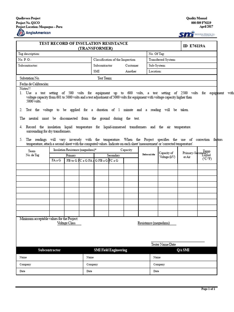 F76119 Rev 2T Insulation Resistance Test Record (Transformer) | PDF ...
