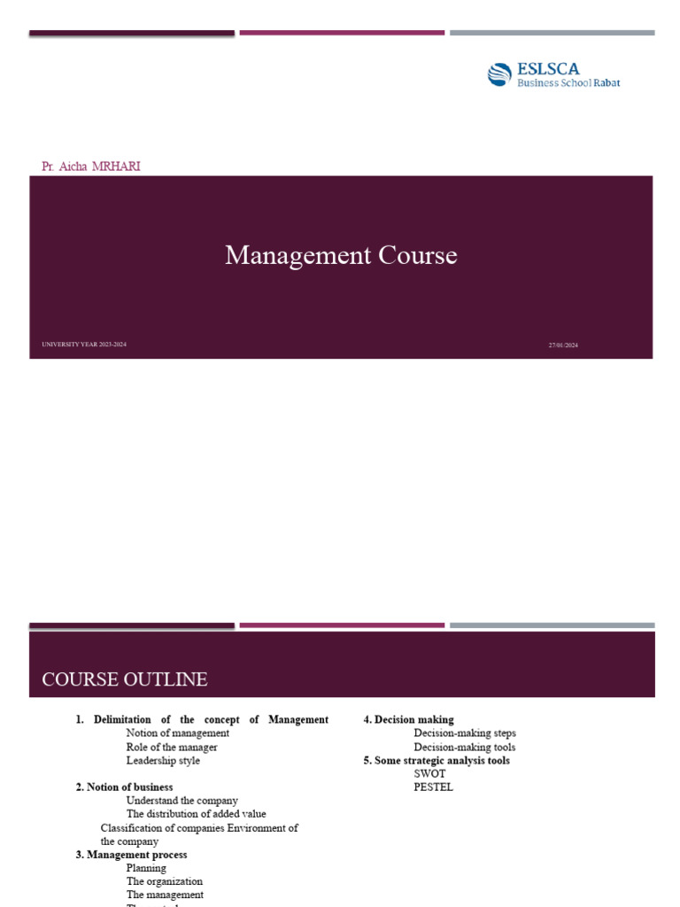 Management Course Outline 2023-2024 | PDF | Economics | Leadership