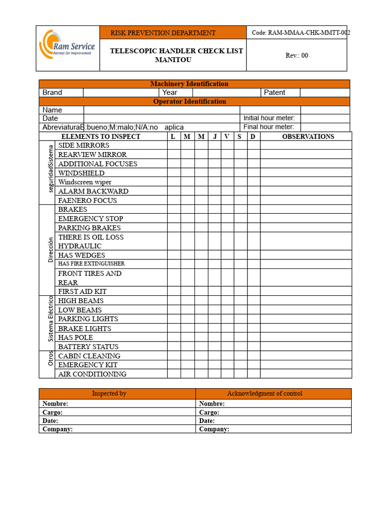 Manitou Telescopic Handler Inspection Checklist | PDF