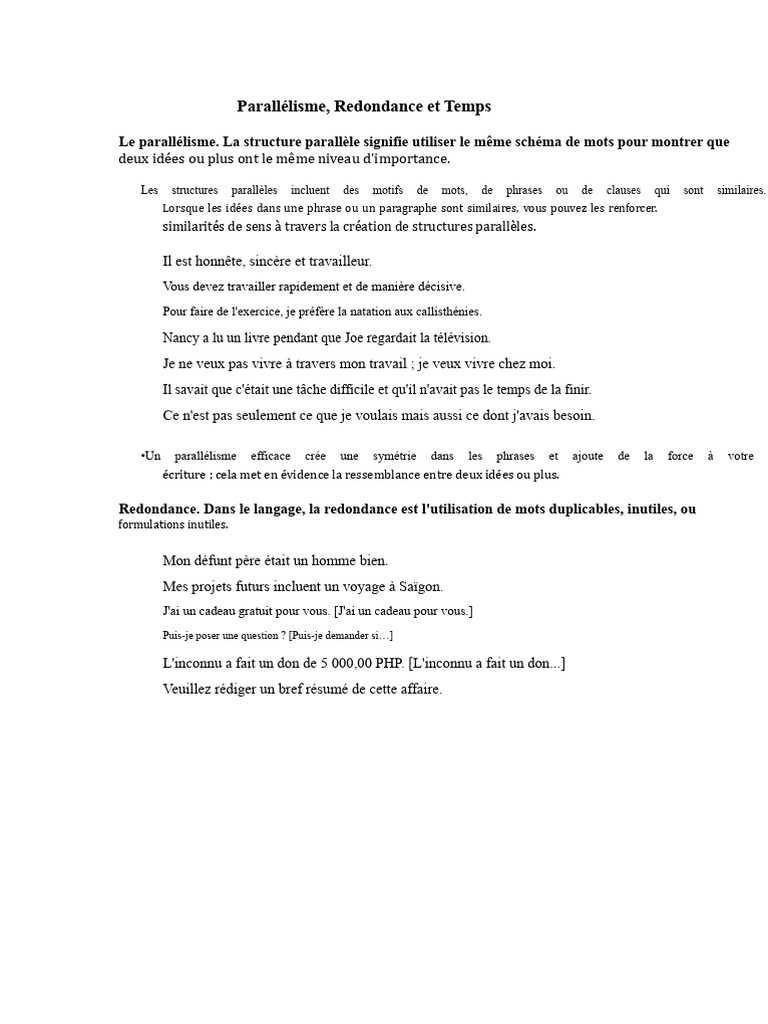 Parallélisme, Redondance et Temps Verbal | PDF | Parallélisme ...