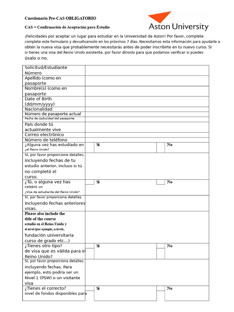 Cuestionario Pre-CAS para Estudiantes | PDF