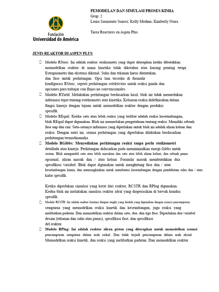 Jenis Reaktor di Aspen Plus untuk Simulasi | PDF