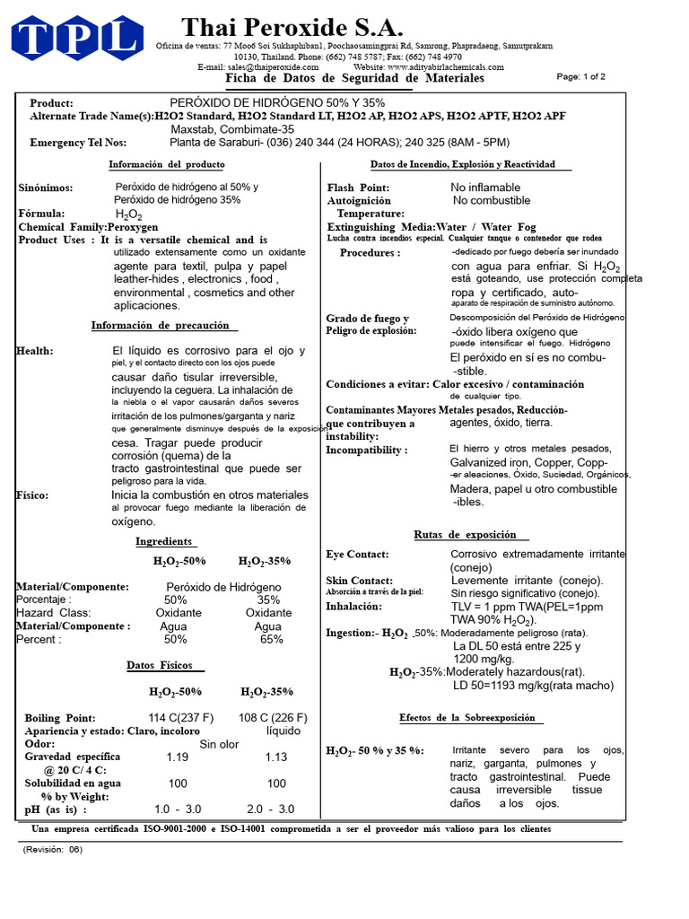 MSDS H2O2 Grado Alimenticio Tailandés | PDF | Peróxido de hidrógeno | Agua