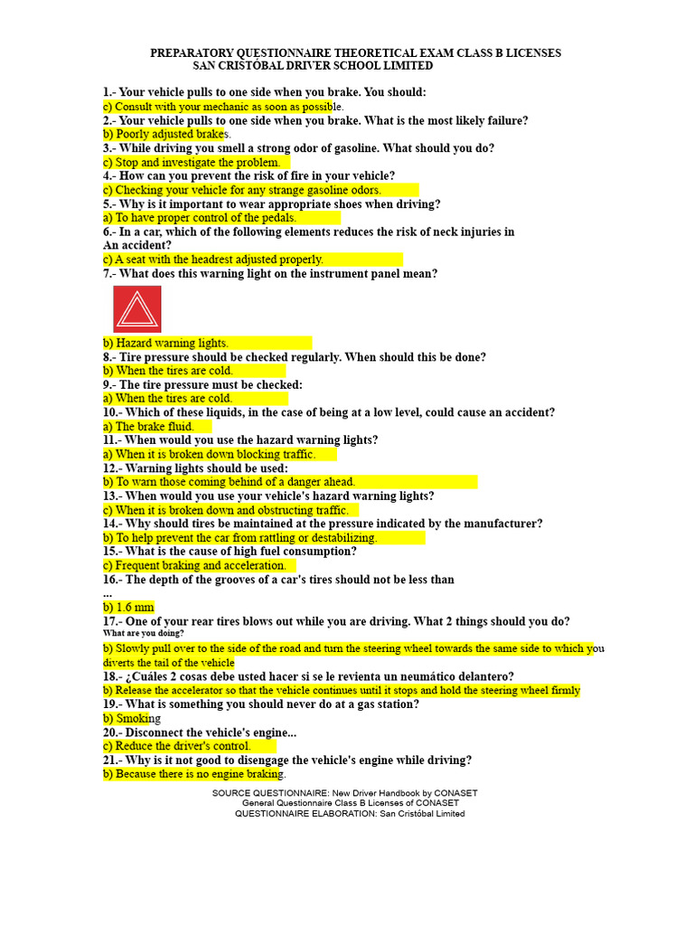Class B License Exam Prep Questionnaire | PDF | Traffic | Intersection ...