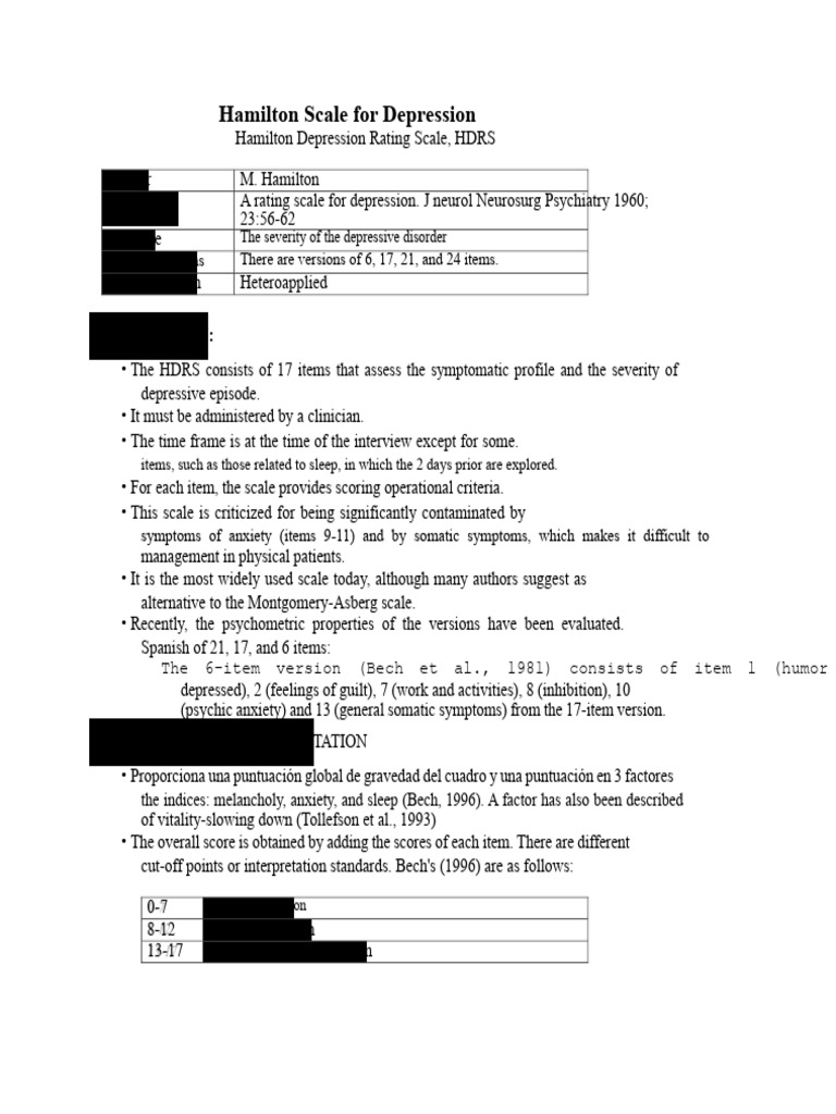 Hamilton Depression Rating Scale Overview | PDF | Major Depressive ...