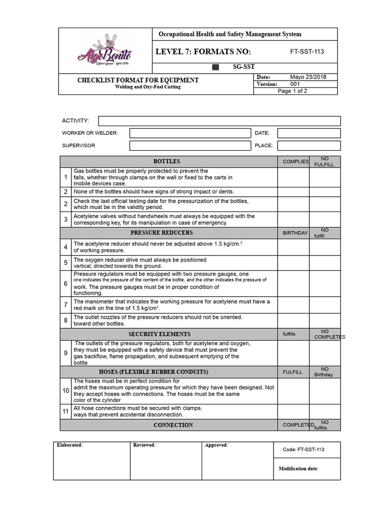 Welding and Oxy-Fuel Cutting Equipment Checklist Format | PDF ...
