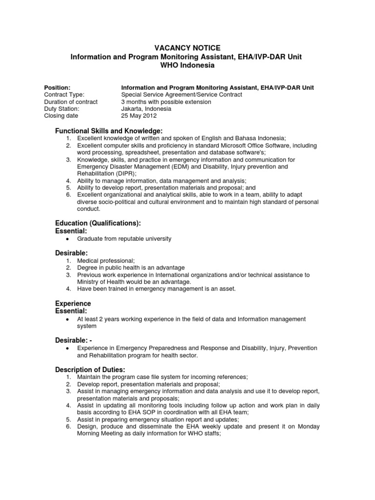 Information and Program Monitoring Assistant, EHA IVPDAR Unit PDF
