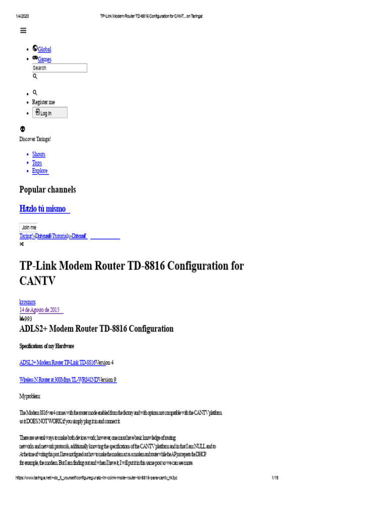 Configuration of TP-Link Modem Router TD-8816 For CANT... On Taringa ...