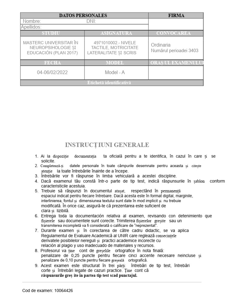 Examen Niveluri Tactile Model A | PDF