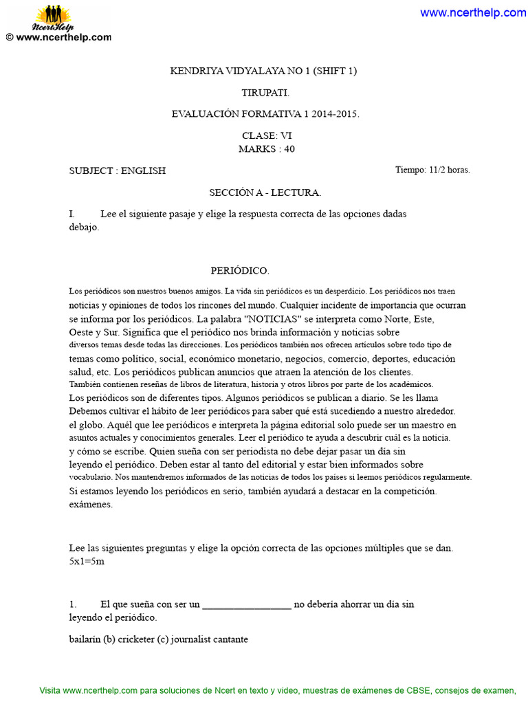 Papers de Muestra de CBSE para Clase 6 Inglés FA 2 | PDF