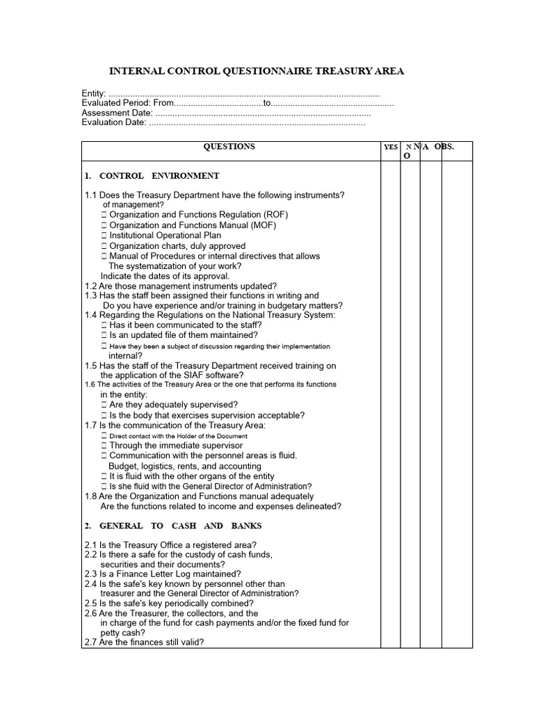 Treasury Internal Control Questionnaire | PDF | Banks | Expense