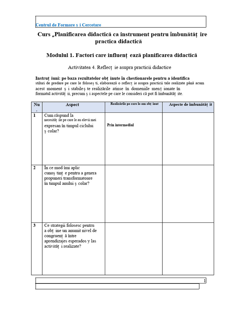 Activitatea 4. Reflectare Asupra Practicii Didactice | PDF