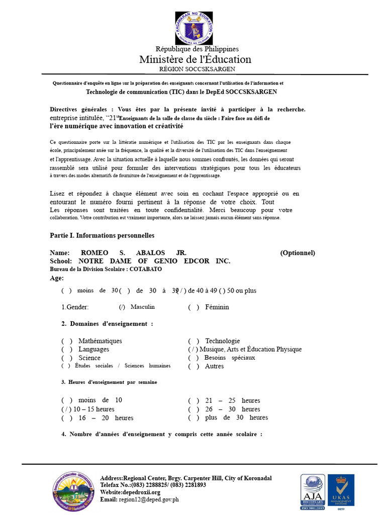 Questionnaire sur l'utilisation des TIC par les enseignants | PDF ...