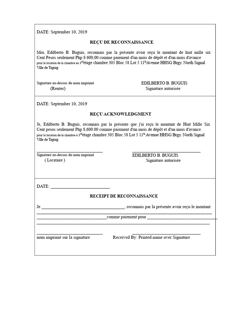 Reçu de location et paiement Taguig | PDF