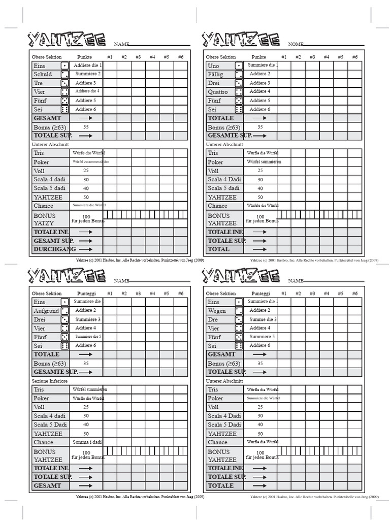 Yahtzee Punktetabelle Deutsch Von Jeeg PDF
