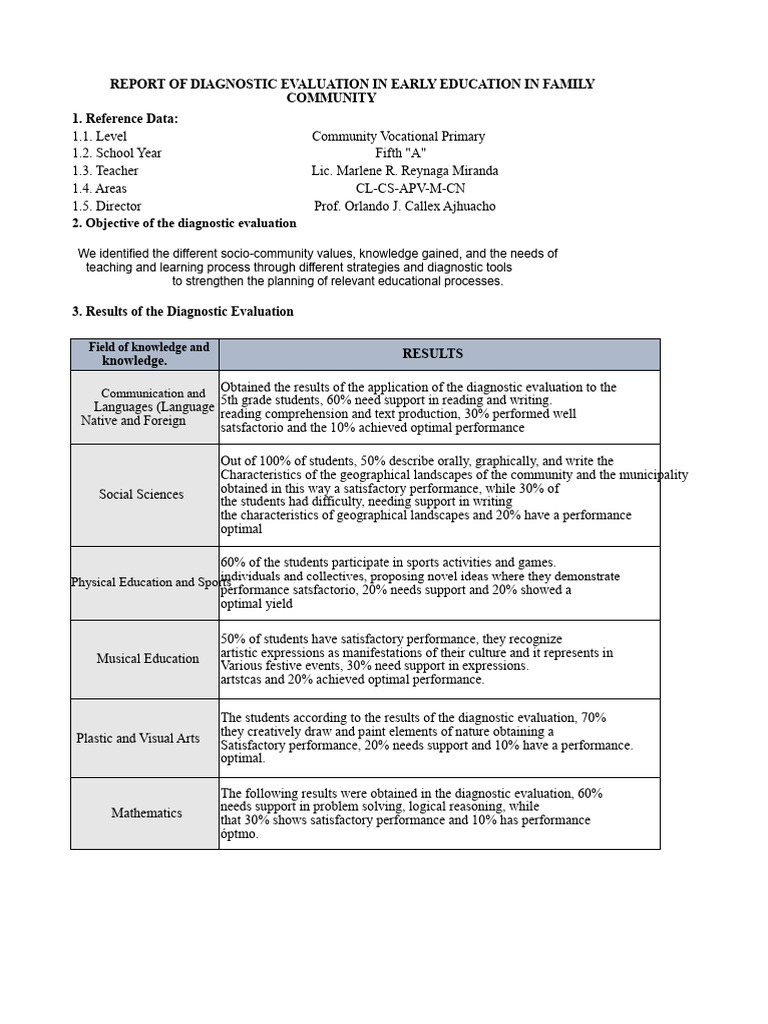 DIAGNOSTIC REPORT 5th GRADE OF PRIMARY SCHOOL | PDF | Knowledge ...