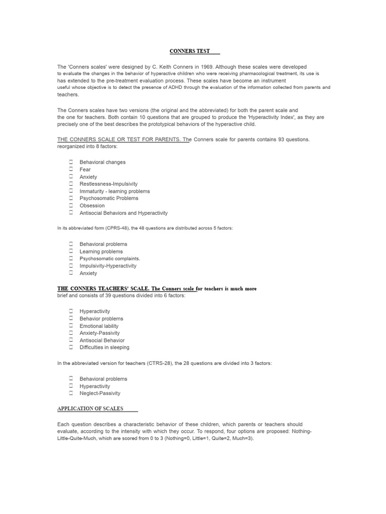 CONNERS TEST Assessment | PDF | Attention Deficit Hyperactivity ...