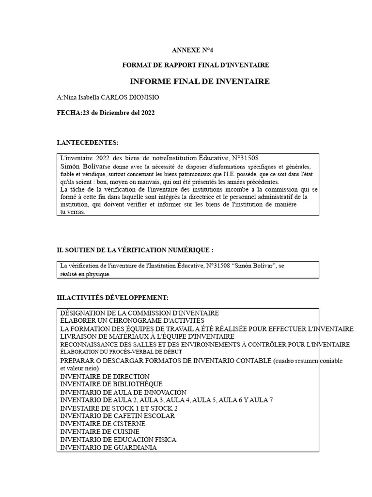 Rapport d'Inventaire 2022 de l'I.E. Simón Bolívar | PDF
