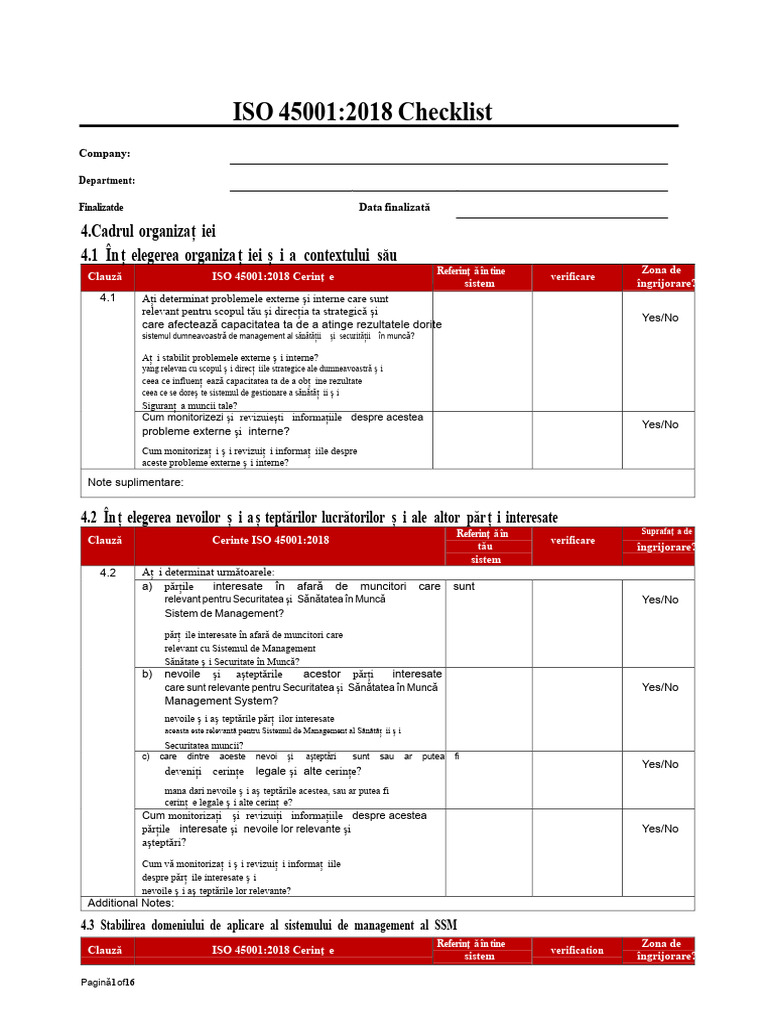 Lista de Verificare Pentru Audit ISO 45001-2018 Eng-Bilingvă | PDF