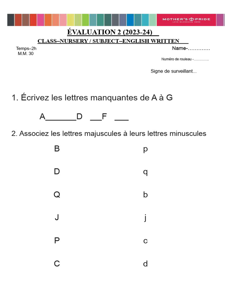 Évaluation d'anglais pour la maternelle | PDF | Échecs | Théorie (échecs)