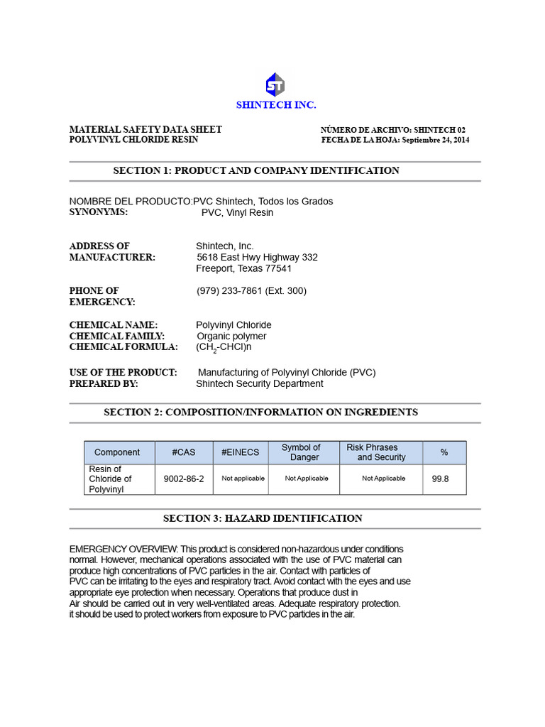 PVC Resin Safety Data Sheet | PDF | Personal Protective Equipment ...