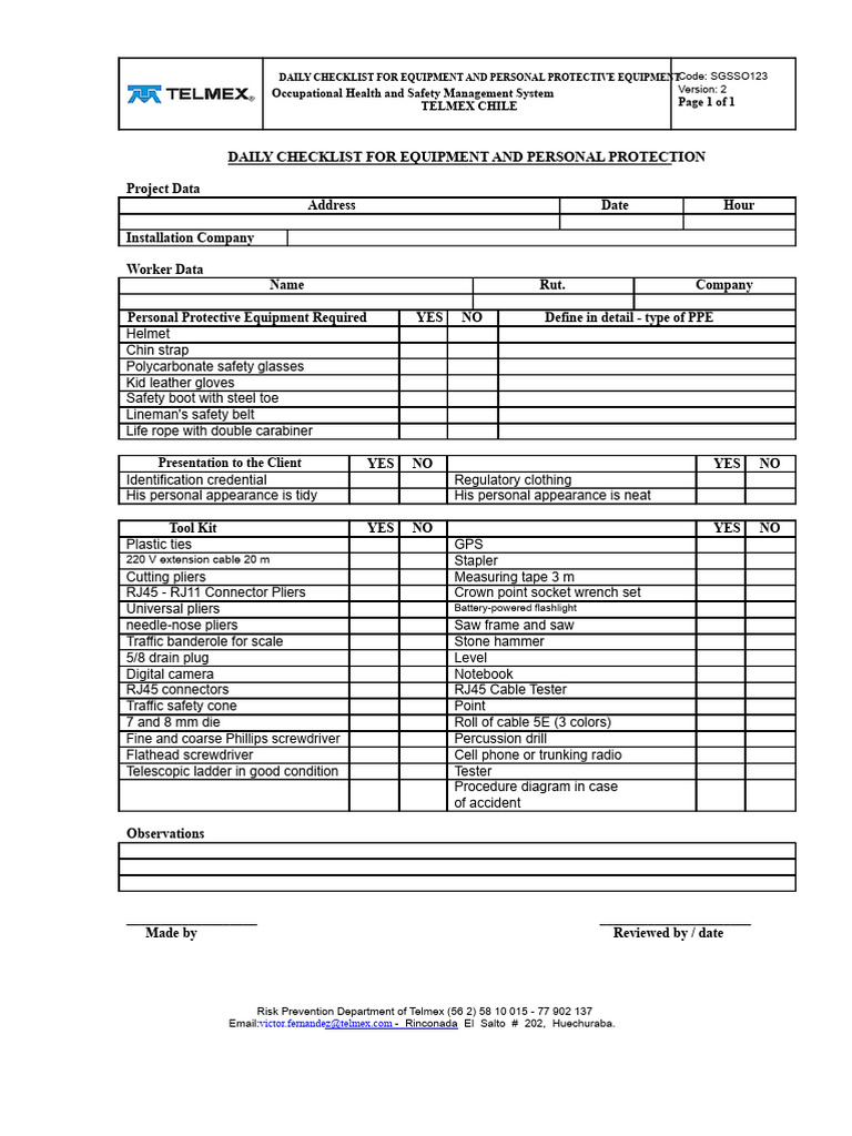 Daily Checklist of Personal Protective Equipment (P.P.E.) | PDF ...