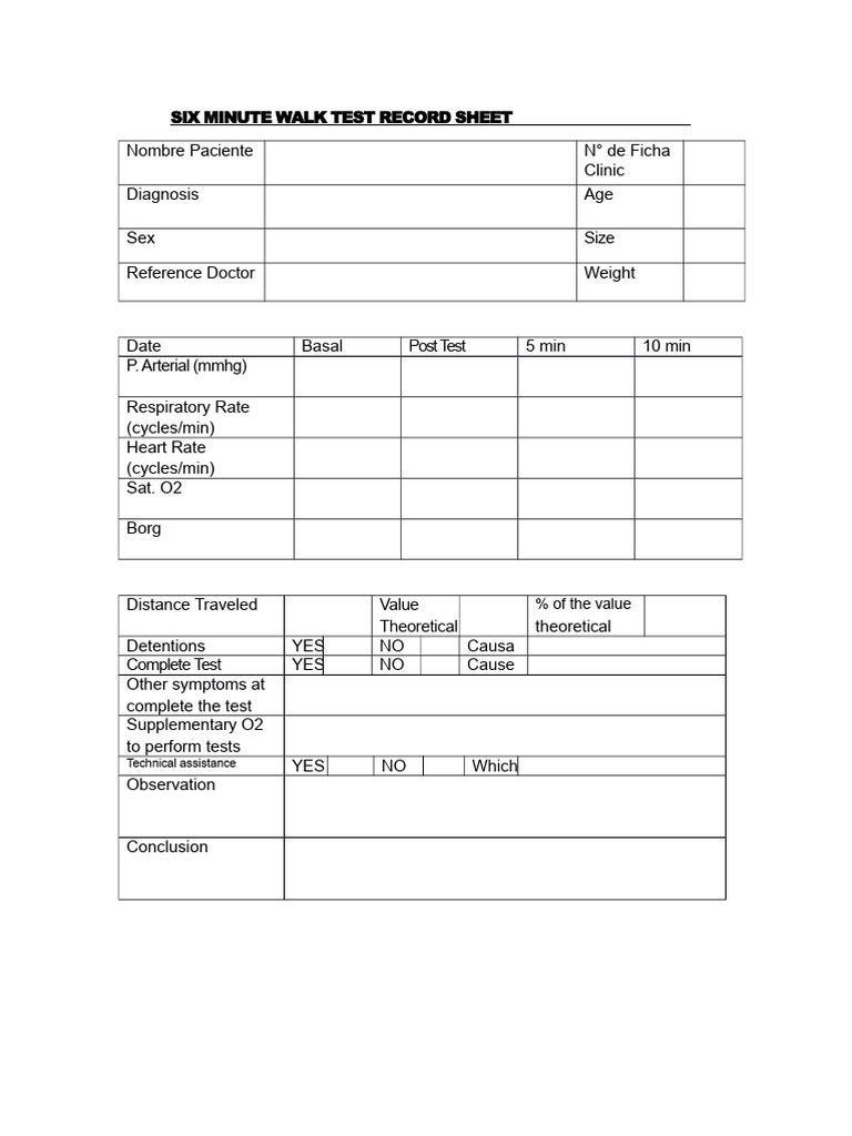 Six Minute Walk Test Record Sheet | PDF