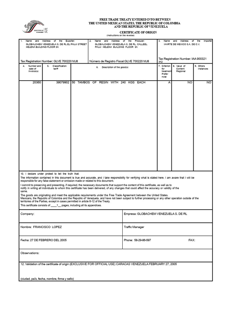 Certificate of Origin Free Trade Agreement Entered Into Between The ...