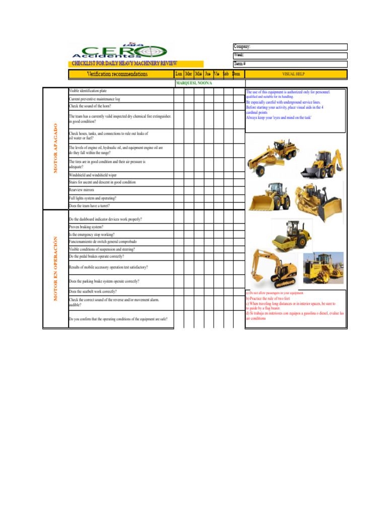 Daily Heavy Machinery Safety Checklist | PDF | Motor Vehicle | Vehicle ...