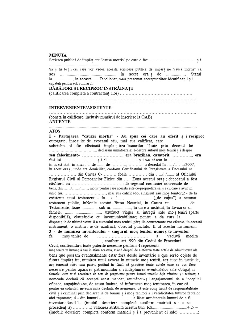 Minuta de Partaj Cauza Morții Testament | PDF