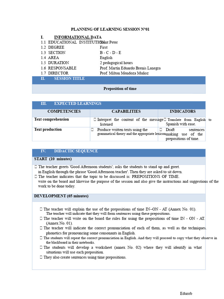Lesson Session Planning n1 Ivb Prepositions of Time | PDF | English ...