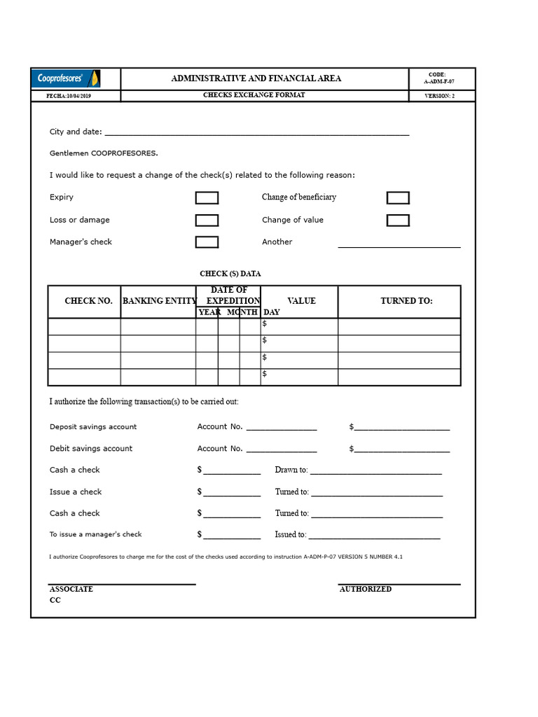 A-ADM-F-07 (Check Change Form) | PDF | Cheque | Debits And Credits