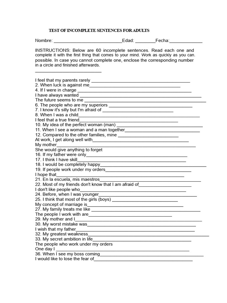 Incomplete Sentences Test for Adults | PDF | Psychology | Behavioural ...