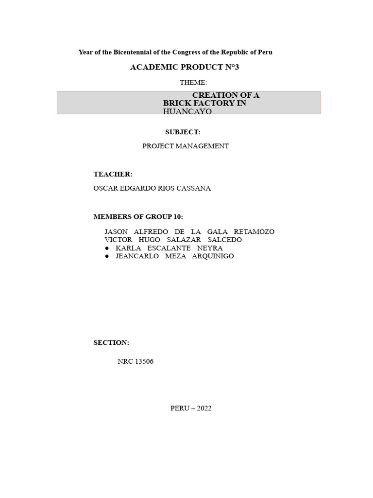 Brick Factory Project Management Plan | PDF | Quality Management System ...