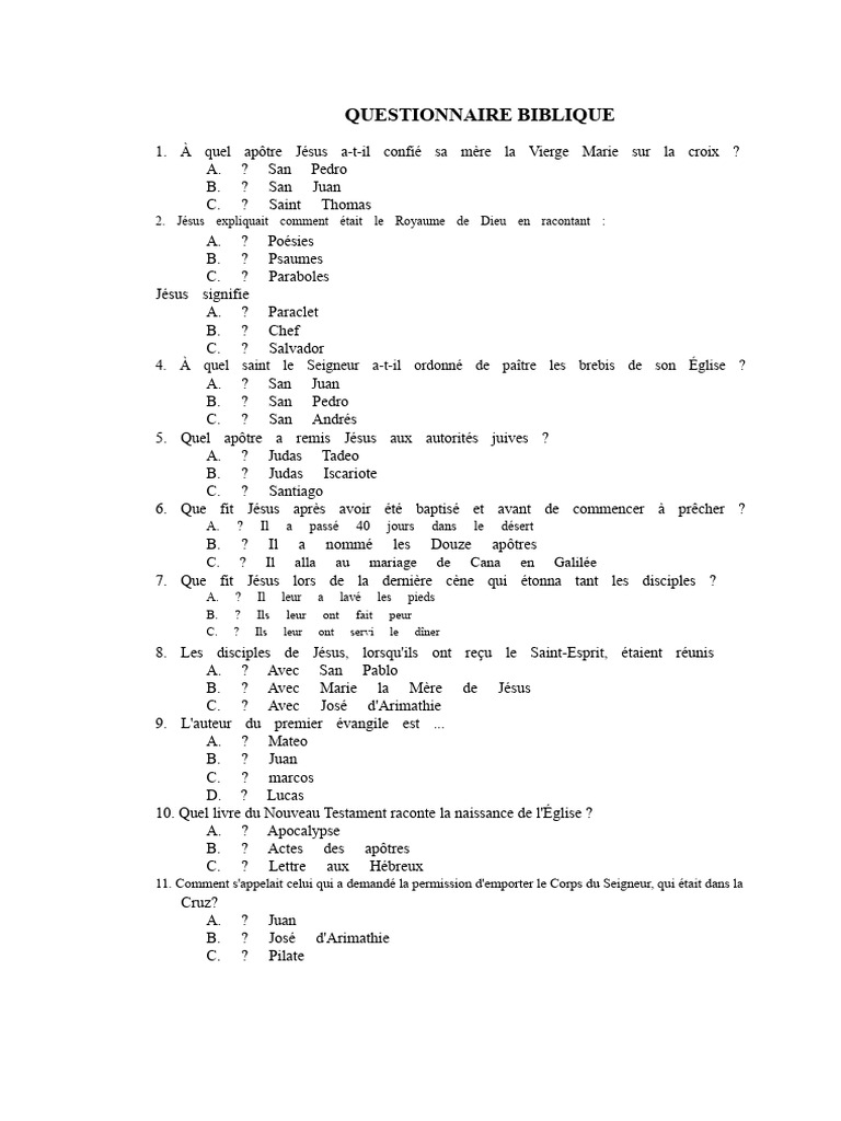 Questionnaire sur la Bible et Jésus | PDF | Disciple (Christianisme ...
