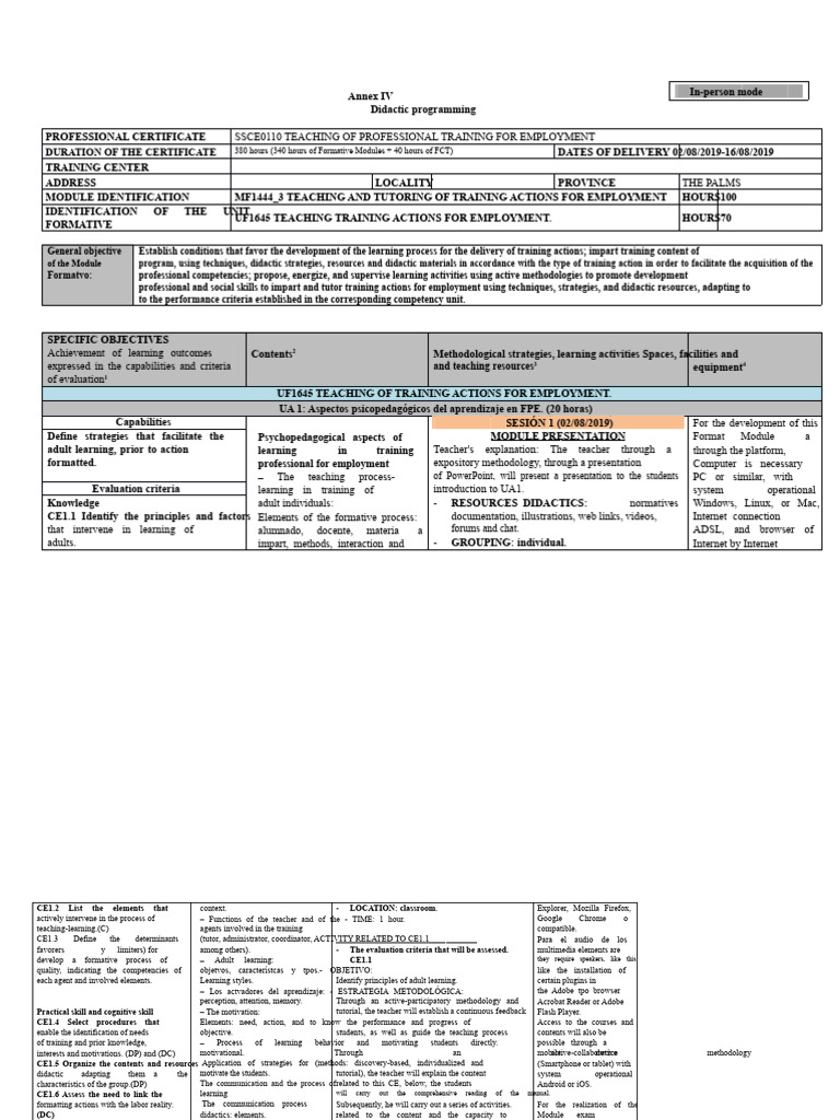 Annex IV Example Uf1645 In-Person | PDF | Methodology | Teachers