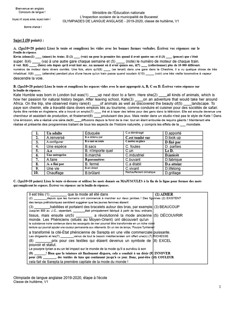 Olympiades de langue anglaise 2019-2020 | PDF