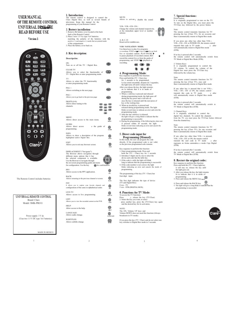 Claro Universal Remote Control Manual | PDF | Set Top Box | Consumer ...