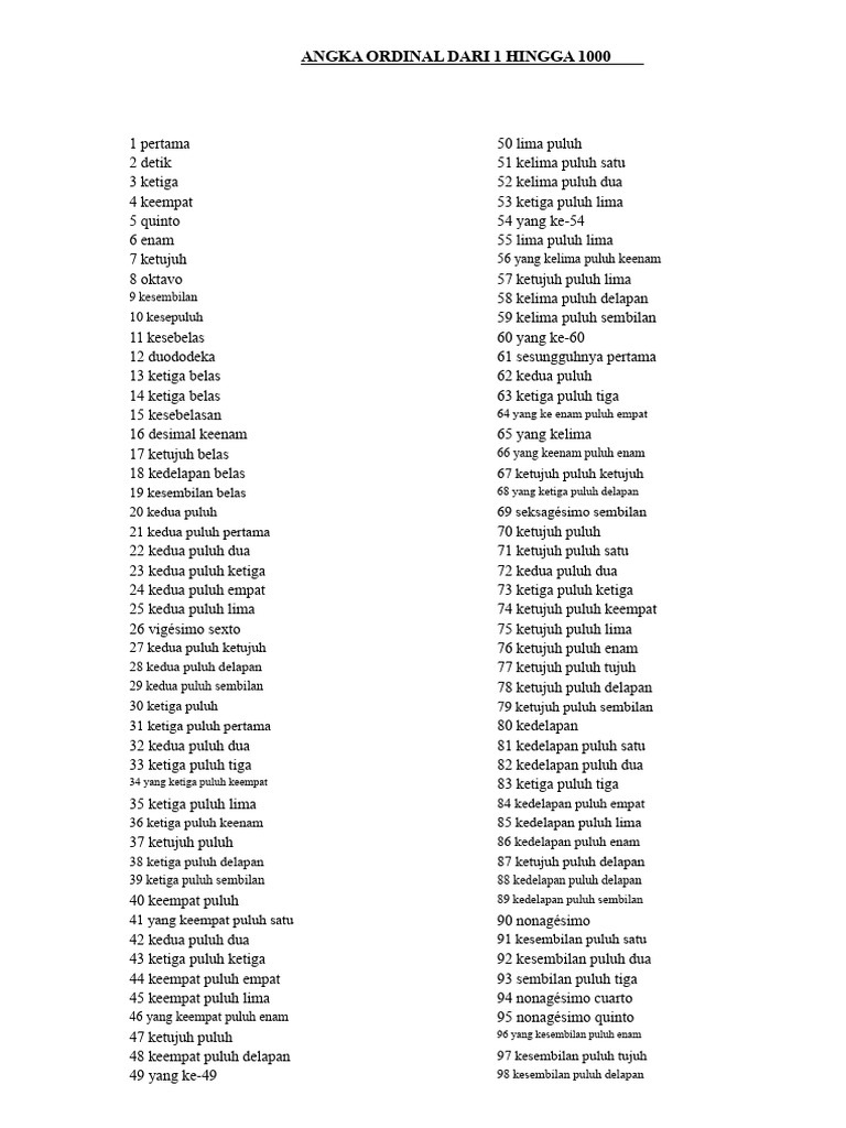 Daftar Angka Ordinal 1-1000 | PDF