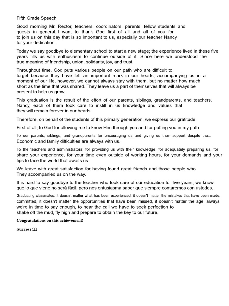 Fifth Grade Speech | PDF | Teachers | Social Psychology