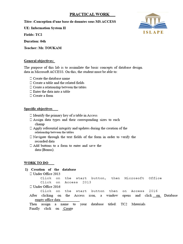 Database Design in MS Access Lab Guide | PDF | Microsoft Access | Databases
