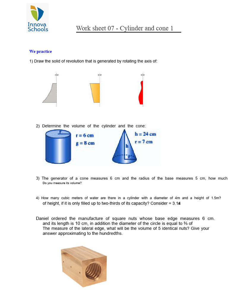 Cylinder and Cone Volume Worksheet | PDF
