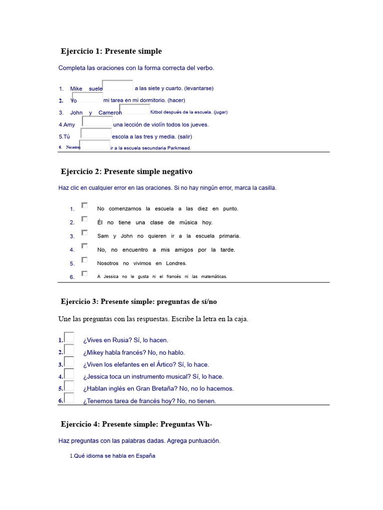 Ejercicios de Presente Simple en Inglés | PDF