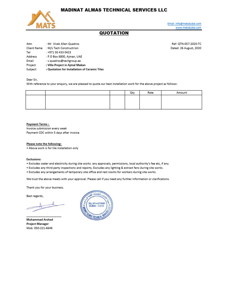 Quotation for Ceramic Tile Installation | PDF