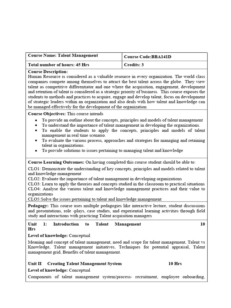 Talent Management Syllabus | PDF | Talent Management | Human Resource ...