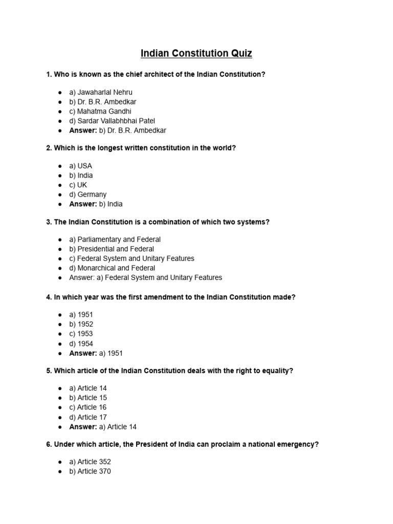 Indian Constitution Quiz Questions | PDF | Government Of India ...